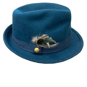 Sandra Angelozzi NWT Wool Fedora in Teal with Feather Detailing One Size